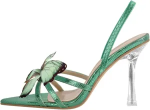 Women's Pointed Toe Butterfly-Knot Sandals - Clear Metal Thin High Heel, Ankle Strap