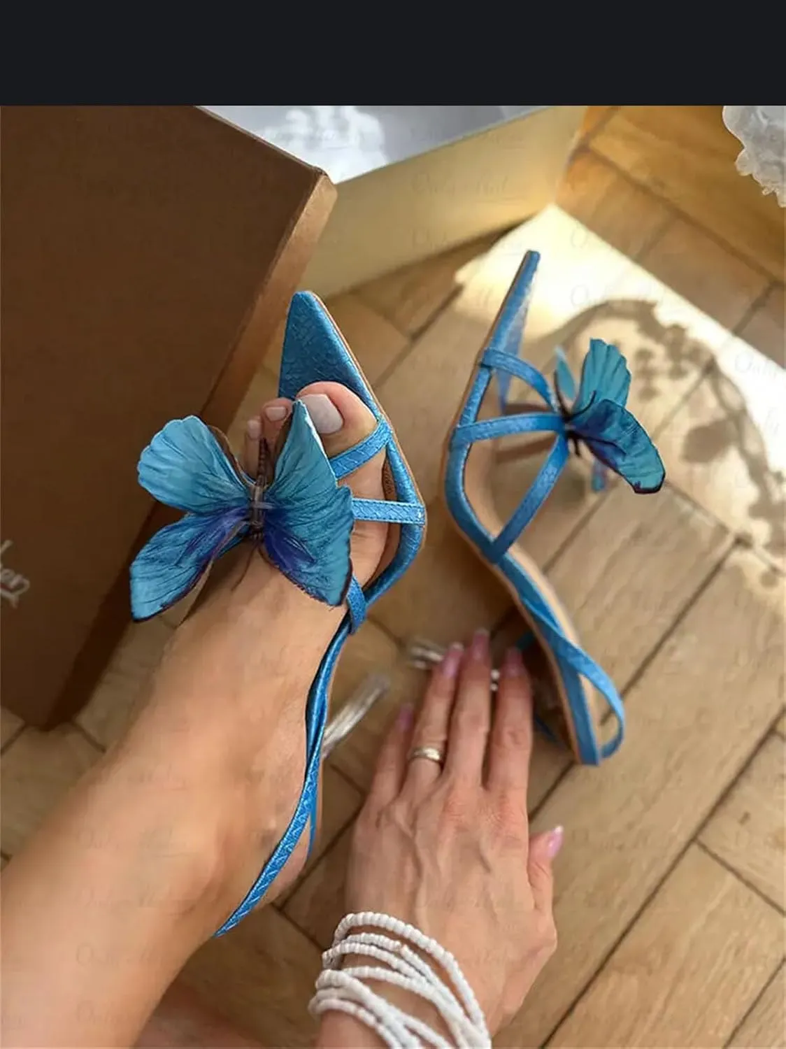 Women's Pointed Toe Butterfly-Knot Sandals - Clear Metal Thin High Heel, Ankle Strap