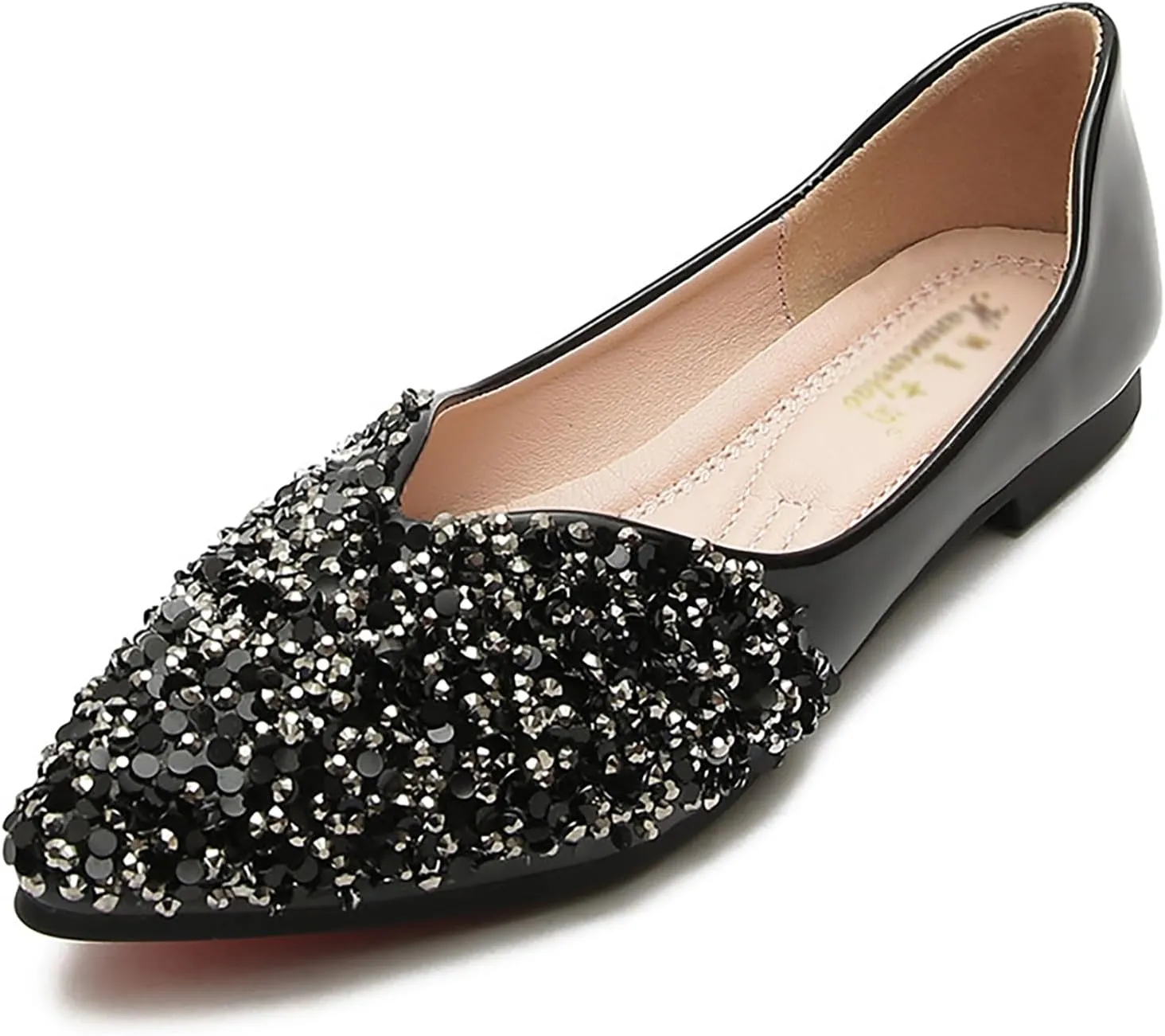 Women's Rhinestone Pointed Toe Ballet Flats Dress Shoes,Comfortable Soft Memory Foam Slip-On Low Heel Loafers Sparkly Party Wedding Flat Shoes