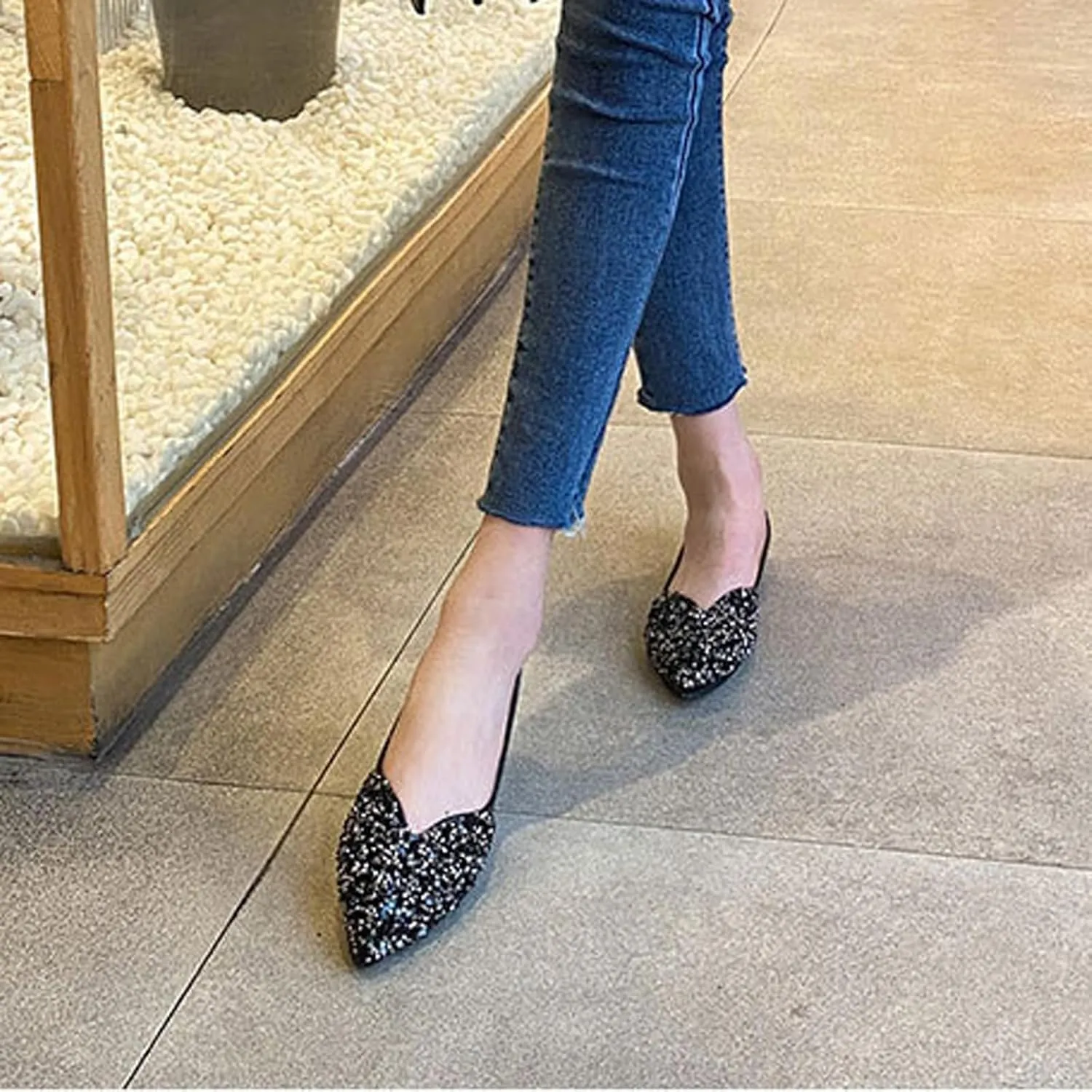 Women's Rhinestone Pointed Toe Ballet Flats Dress Shoes,Comfortable Soft Memory Foam Slip-On Low Heel Loafers Sparkly Party Wedding Flat Shoes