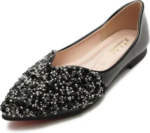 Women's Rhinestone Pointed Toe Ballet Flats Dress Shoes,Comfortable Soft Memory Foam Slip-On Low Heel Loafers Sparkly Party Wedding Flat Shoes