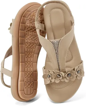 Womens Sandals Dressy Flats: Elastic Ankle Strap Comfortable Sandals for Women Open Toe Summer Walking Beach Flat