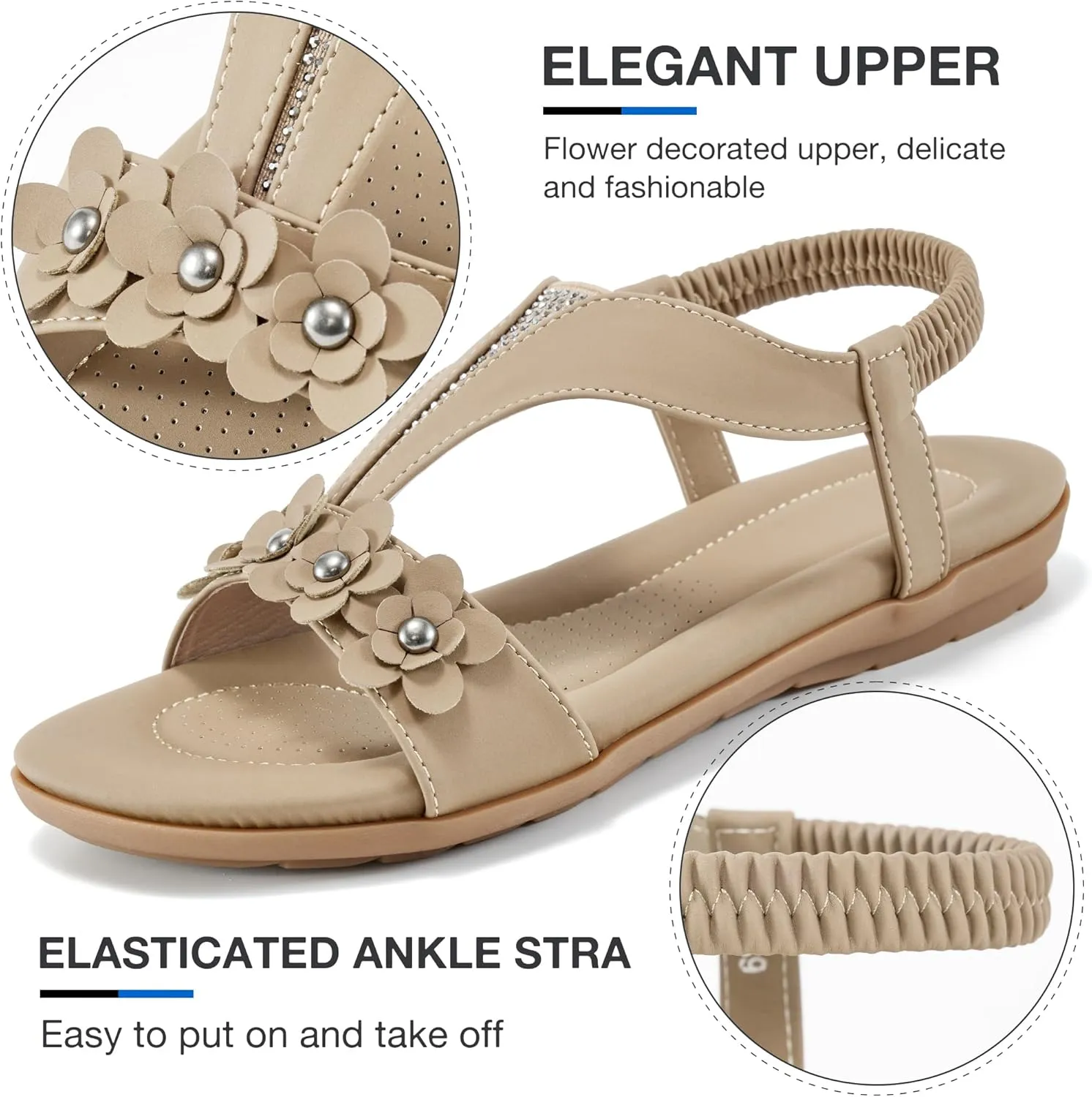 Womens Sandals Dressy Flats: Elastic Ankle Strap Comfortable Sandals for Women Open Toe Summer Walking Beach Flat