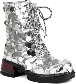 Women's Sequin Combat Boots Lace up Glitter Platform Chunky Heel Ankle Boots Round Toe Sparkly Sequin Ankle Booties