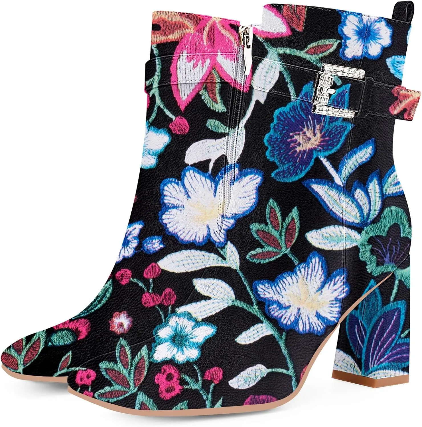 Women's Sexy Rhinestone High Heel Square Toe Ankle Boots Buckle Strap Dress Booties