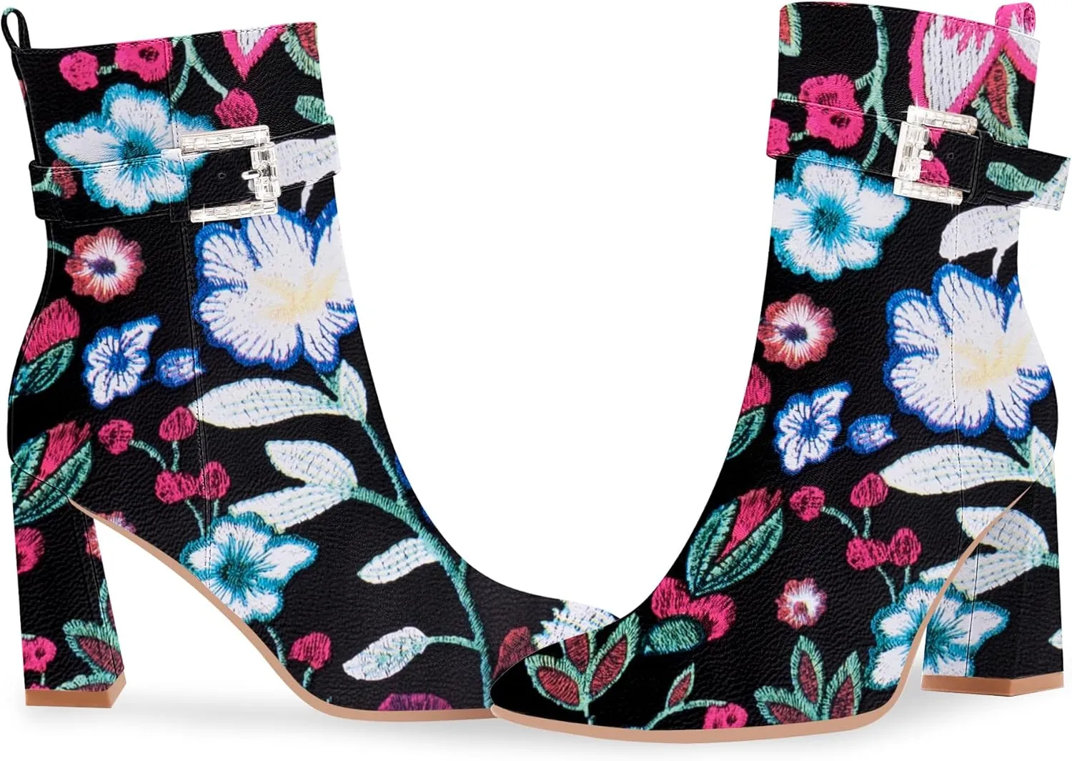 Women's Sexy Rhinestone High Heel Square Toe Ankle Boots Buckle Strap Dress Booties