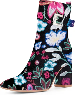 Women's Sexy Rhinestone High Heel Square Toe Ankle Boots Buckle Strap Dress Booties