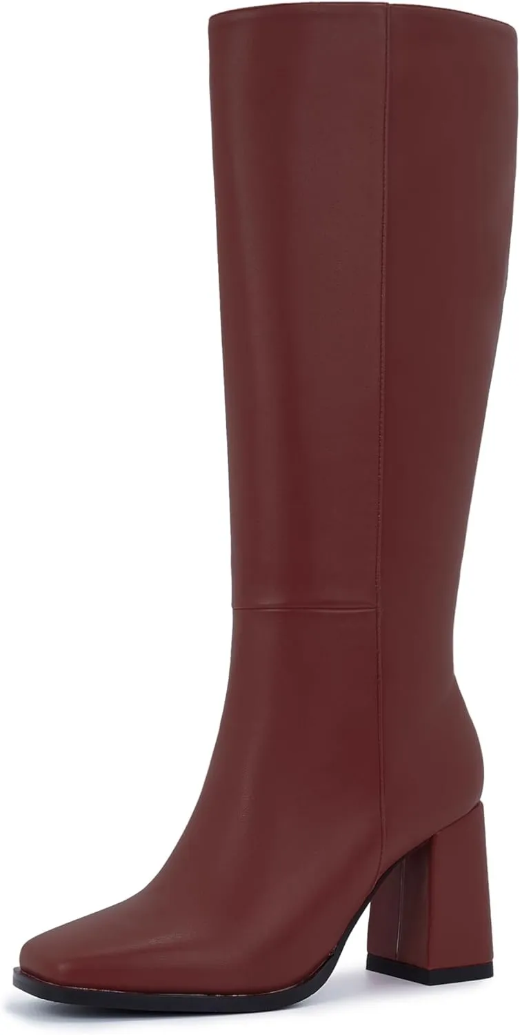 Women's Slim Calf Knee High Boots – Square Toe Block Heel Dress Boots, Side Zip Faux Leather Tall Boots for Narrow Calves, Fall & Winter Fashion