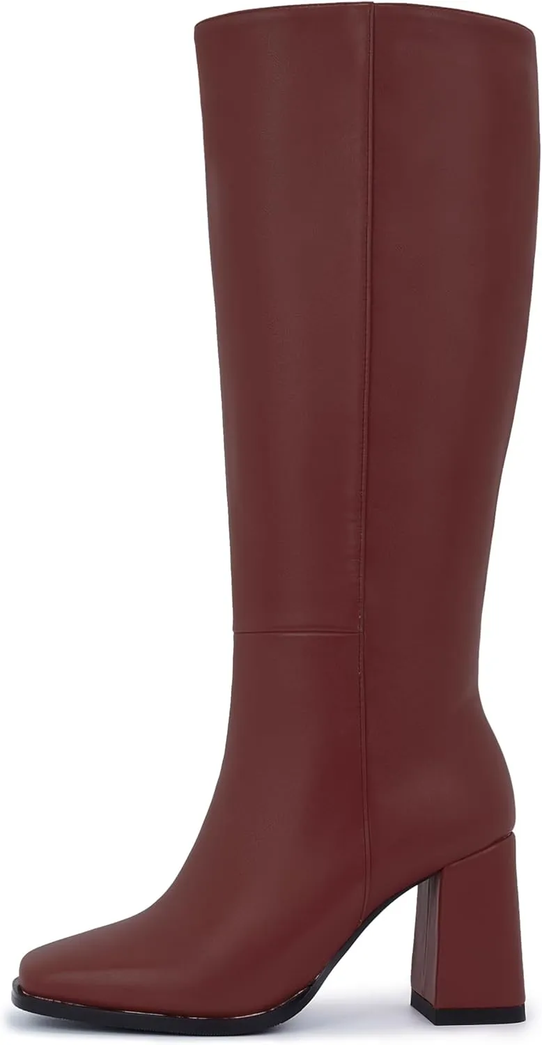Women's Slim Calf Knee High Boots – Square Toe Block Heel Dress Boots, Side Zip Faux Leather Tall Boots for Narrow Calves, Fall & Winter Fashion