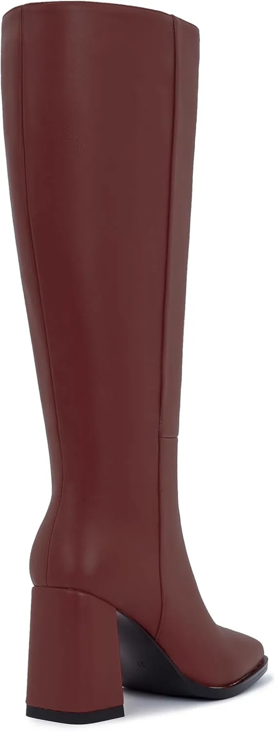 Women's Slim Calf Knee High Boots – Square Toe Block Heel Dress Boots, Side Zip Faux Leather Tall Boots for Narrow Calves, Fall & Winter Fashion