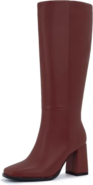 Women's Slim Calf Knee High Boots – Square Toe Block Heel Dress Boots, Side Zip Faux Leather Tall Boots for Narrow Calves, Fall & Winter Fashion