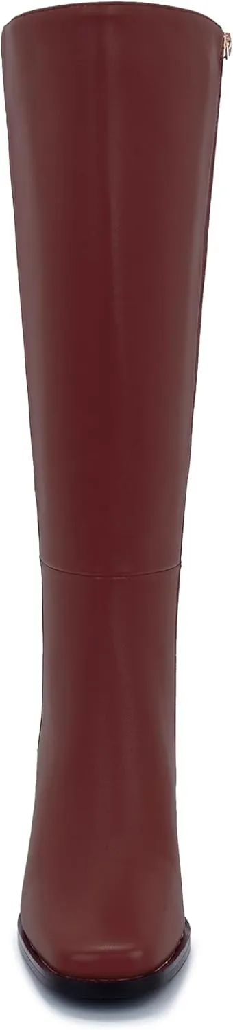 Women's Slim Calf Knee High Boots – Square Toe Block Heel Dress Boots, Side Zip Faux Leather Tall Boots for Narrow Calves, Fall & Winter Fashion