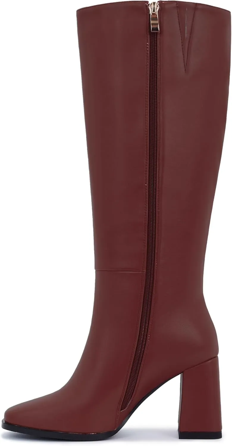 Women's Slim Calf Knee High Boots – Square Toe Block Heel Dress Boots, Side Zip Faux Leather Tall Boots for Narrow Calves, Fall & Winter Fashion