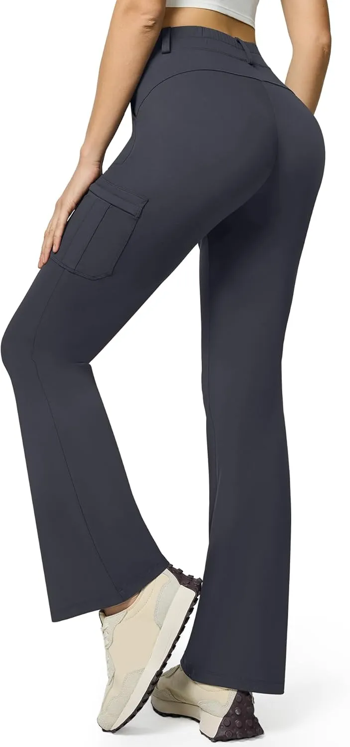 Women's Stretch Cargo Pants High Waist Bootcut Flare Leggings with 6 Pockets Soft Yoga Work Pants for Business Casual, Travel