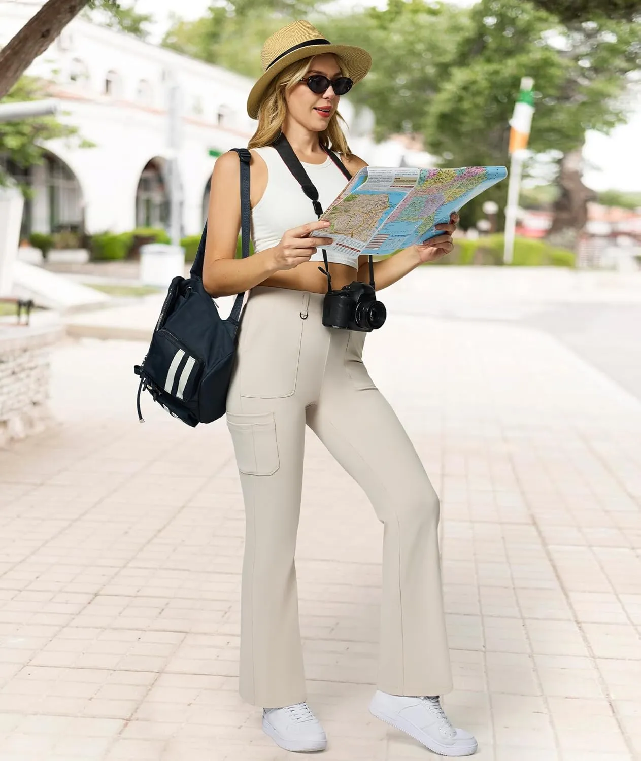 Women's Stretch Cargo Pants High Waist Bootcut Flare Leggings with 6 Pockets Soft Yoga Work Pants for Business Casual, Travel