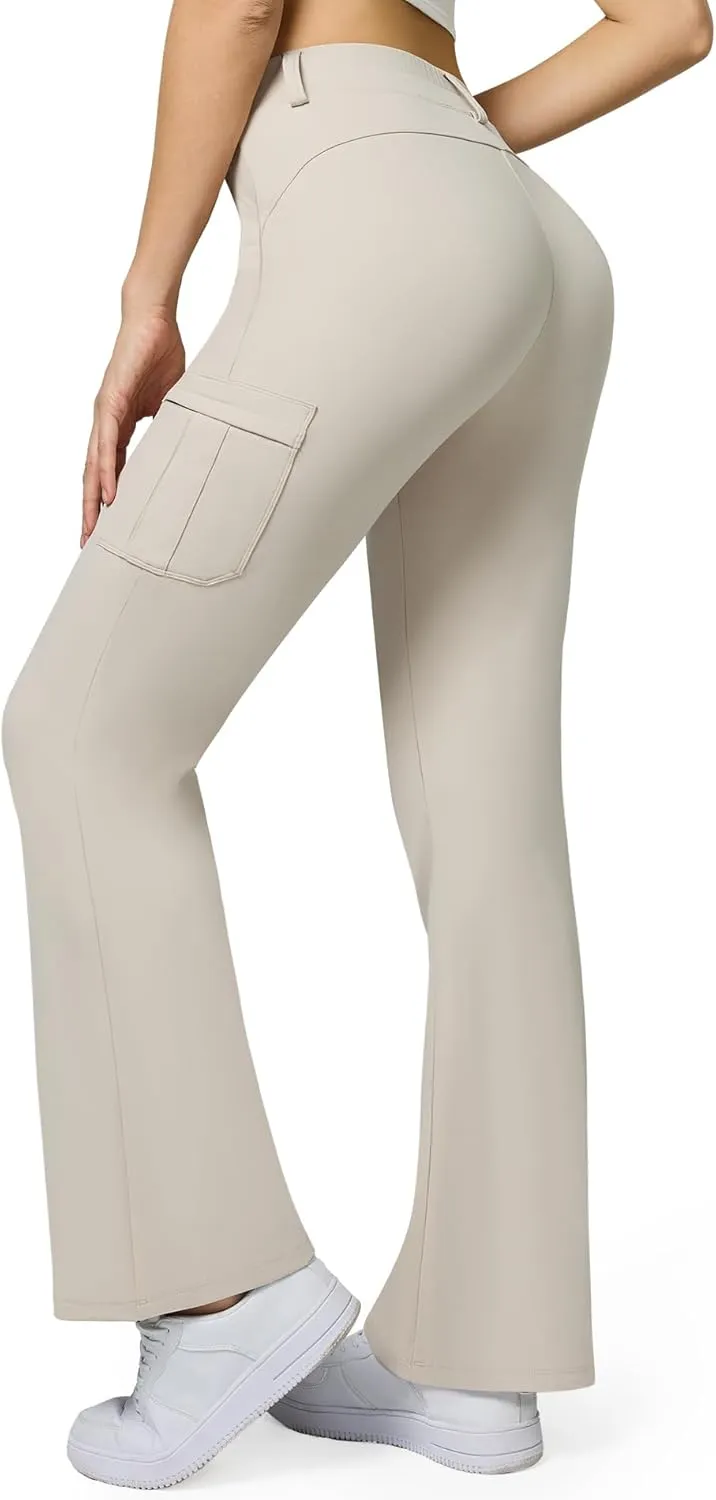 Women's Stretch Cargo Pants High Waist Bootcut Flare Leggings with 6 Pockets Soft Yoga Work Pants for Business Casual, Travel
