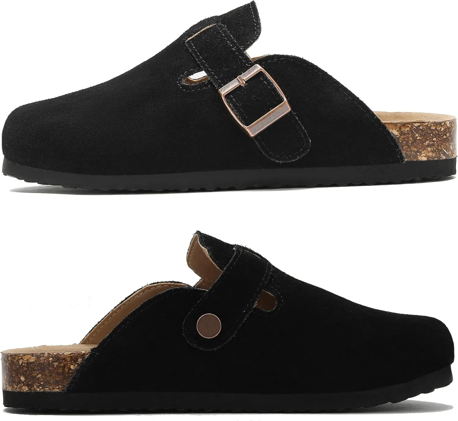 Women's Suede Clogs Men's Leather Mules Cork Footbed Sandals Slip-on Potato Shoes with Arch Support