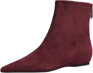 Women's Suede Flat Ankle Boots with Back Zipper Retro Comfortable Pointed Toe Internal Height Increase Wedge Short Bootie Fall Winter Daily Casual Dress Boots