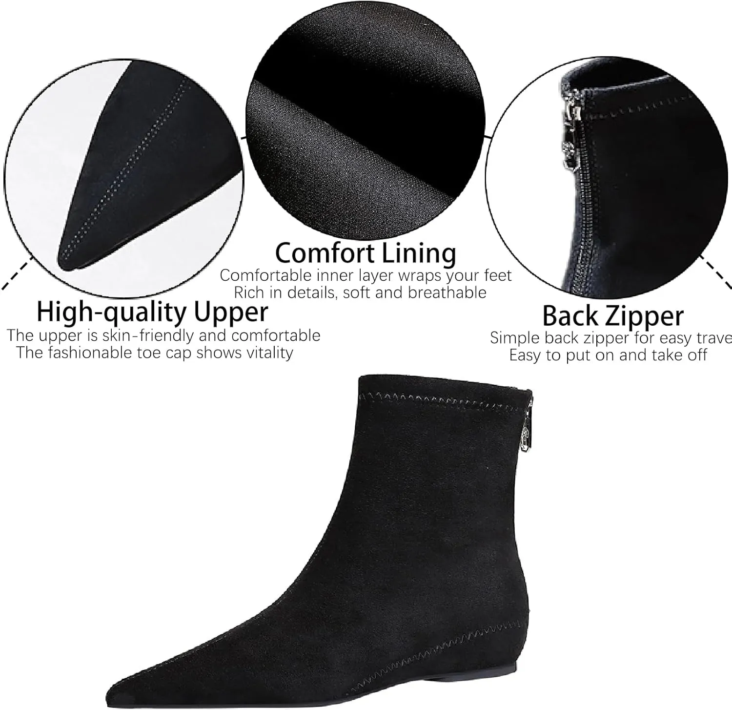 Women's Suede Flat Ankle Boots with Back Zipper Retro Comfortable Pointed Toe Internal Height Increase Wedge Short Bootie Fall Winter Daily Casual Dress Boots
