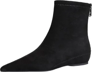 Women's Suede Flat Ankle Boots with Back Zipper Retro Comfortable Pointed Toe Internal Height Increase Wedge Short Bootie Fall Winter Daily Casual Dress Boots