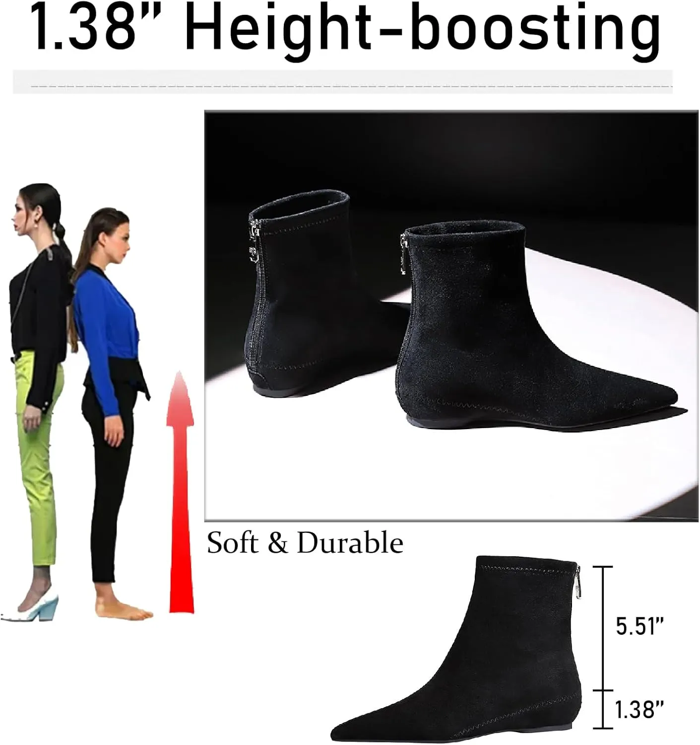 Women's Suede Flat Ankle Boots with Back Zipper Retro Comfortable Pointed Toe Internal Height Increase Wedge Short Bootie Fall Winter Daily Casual Dress Boots