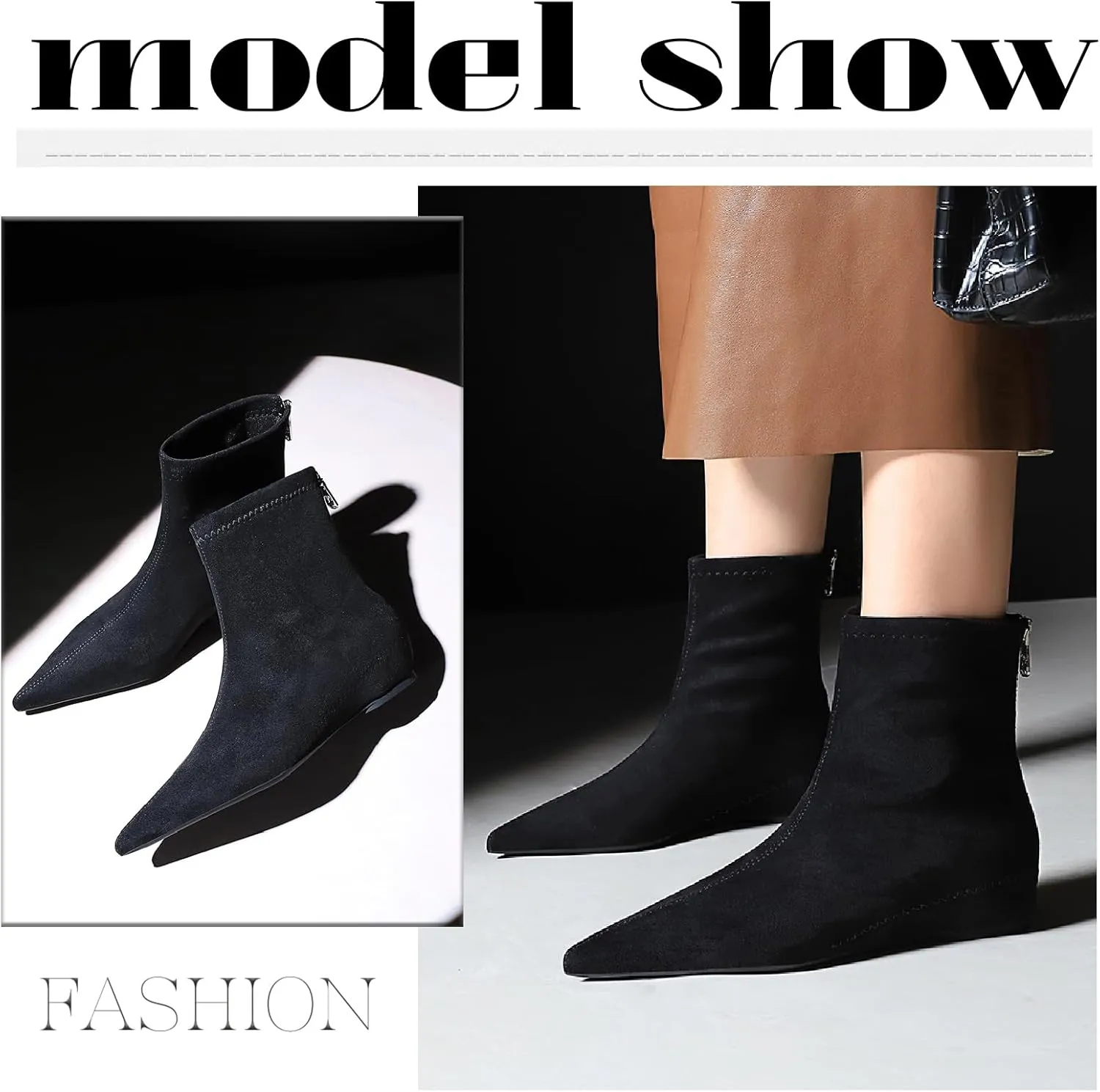 Women's Suede Flat Ankle Boots with Back Zipper Retro Comfortable Pointed Toe Internal Height Increase Wedge Short Bootie Fall Winter Daily Casual Dress Boots