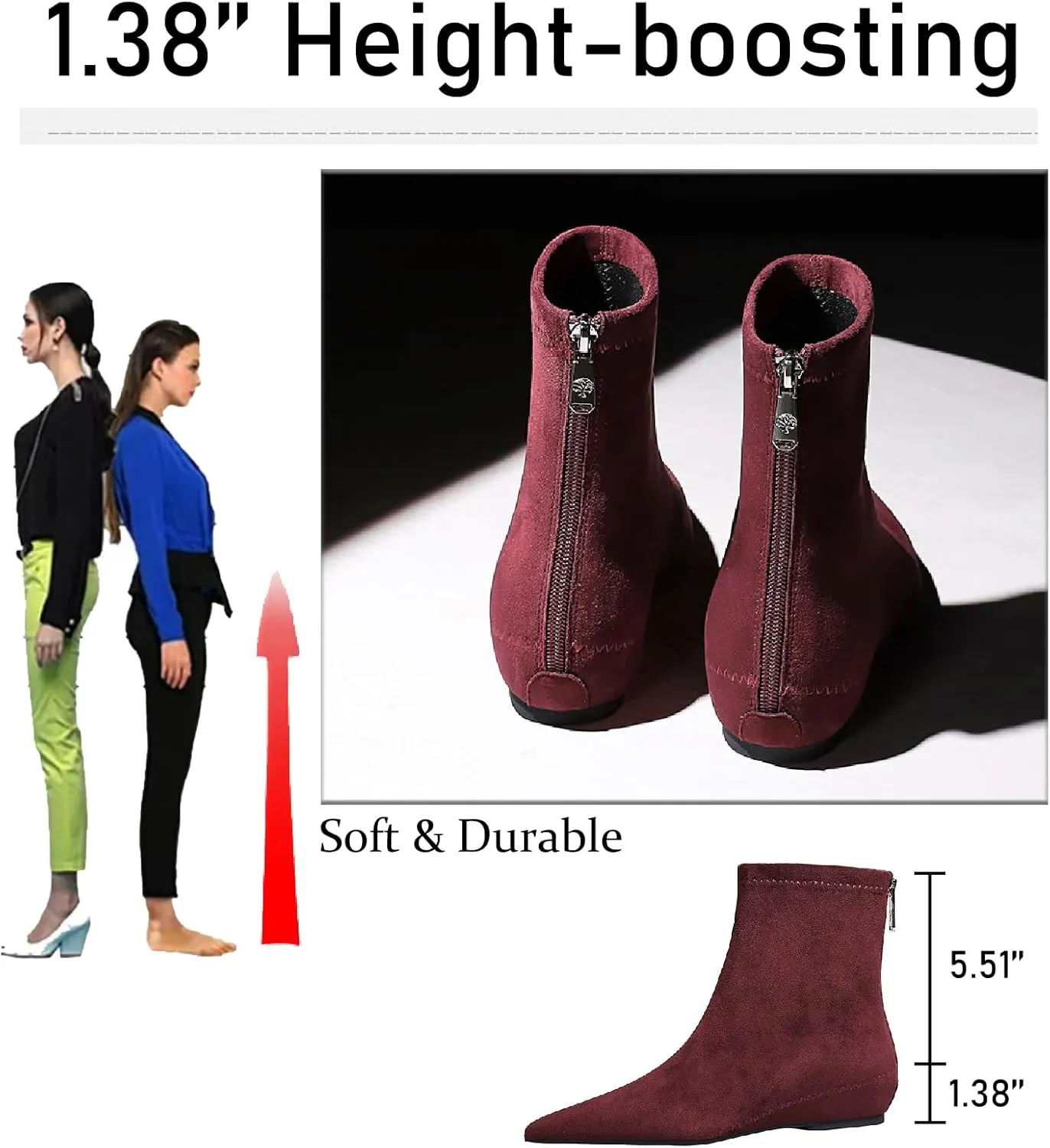 Women's Suede Flat Ankle Boots with Back Zipper Retro Comfortable Pointed Toe Internal Height Increase Wedge Short Bootie Fall Winter Daily Casual Dress Boots