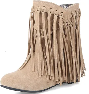 Women's Suede Tassel Fringe Flat Ankle Boots Sexy Pointed Toe Warm Fur Lining Pull-on Low Heel Internal Height Increase Moccasin Booties Fall Winter Outdoor Dress Mid Calf Boots