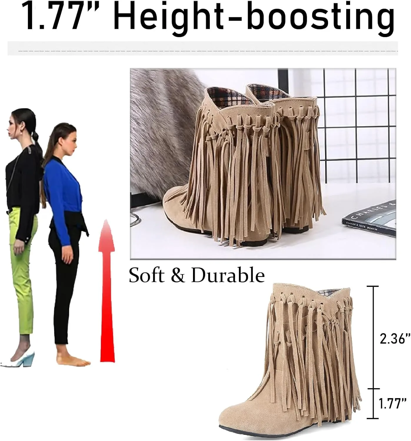 Women's Suede Tassel Fringe Flat Ankle Boots Sexy Pointed Toe Warm Fur Lining Pull-on Low Heel Internal Height Increase Moccasin Booties Fall Winter Outdoor Dress Mid Calf Boots