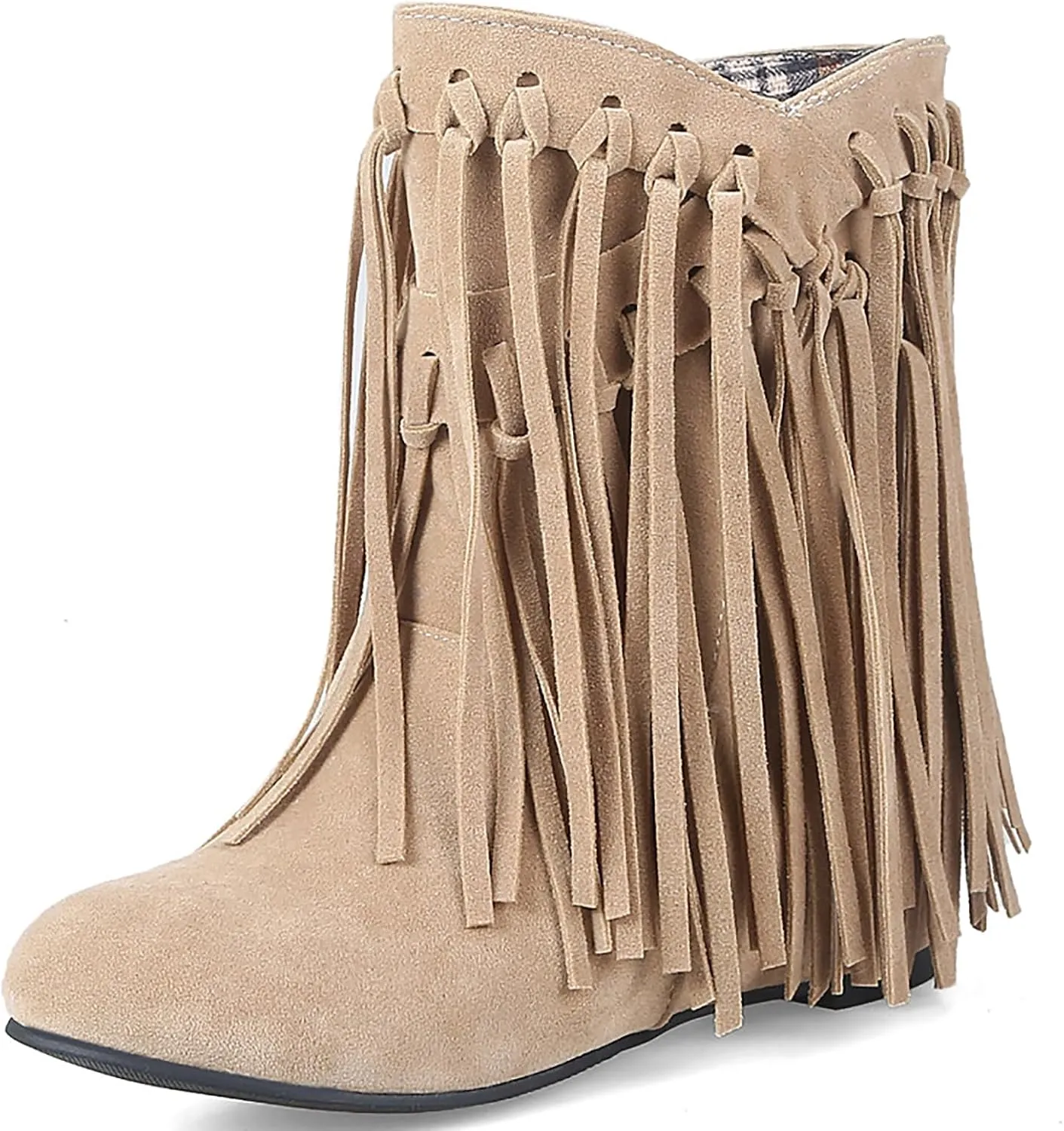 Women's Suede Tassel Fringe Flat Ankle Boots Sexy Pointed Toe Warm Fur Lining Pull-on Low Heel Internal Height Increase Moccasin Booties Fall Winter Outdoor Dress Mid Calf Boots