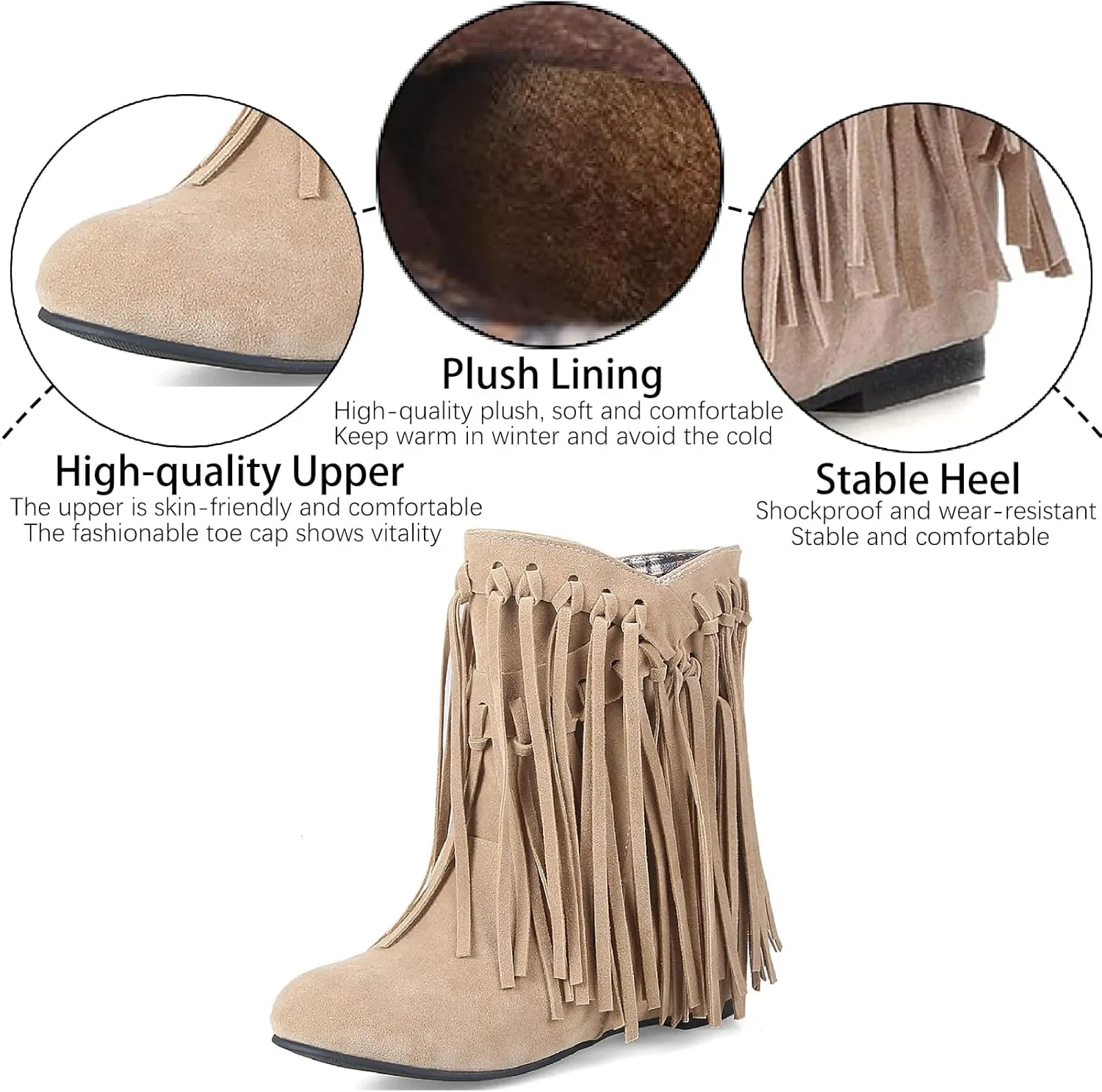 Women's Suede Tassel Fringe Flat Ankle Boots Sexy Pointed Toe Warm Fur Lining Pull-on Low Heel Internal Height Increase Moccasin Booties Fall Winter Outdoor Dress Mid Calf Boots