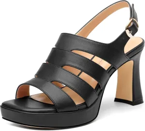 Women's thick soled sandals, square open toe thick heel women's ankle strap sandals, buckle leather insole sandals 3.3 inches, sexy thick heel sandals