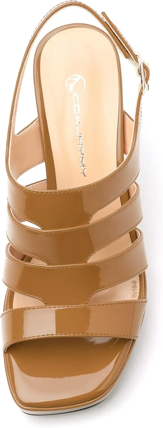 Women's thick soled sandals, square open toe thick heel women's ankle strap sandals, buckle leather insole sandals 3.3 inches, sexy thick heel sandals