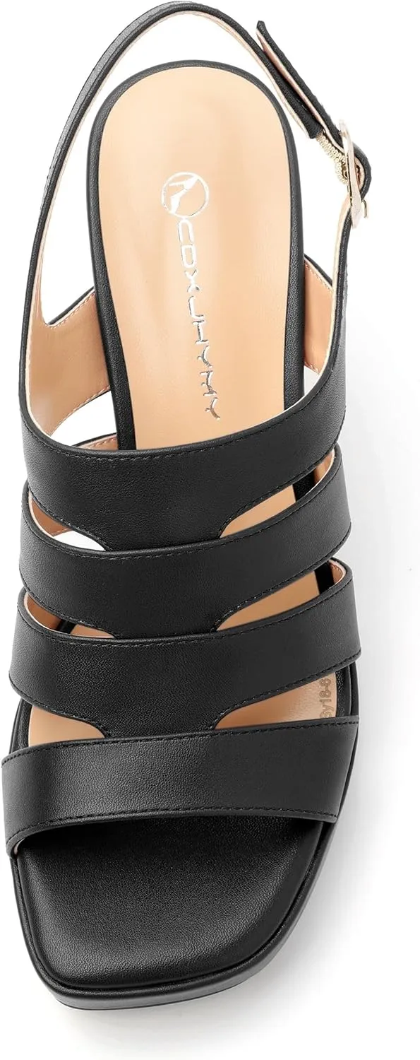 Women's thick soled sandals, square open toe thick heel women's ankle strap sandals, buckle leather insole sandals 3.3 inches, sexy thick heel sandals