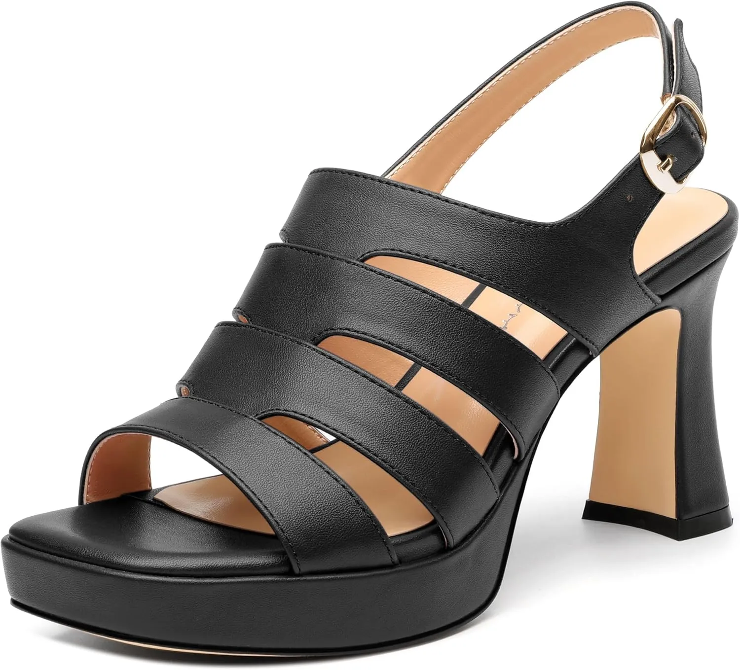 Women's thick soled sandals, square open toe thick heel women's ankle strap sandals, buckle leather insole sandals 3.3 inches, sexy thick heel sandals