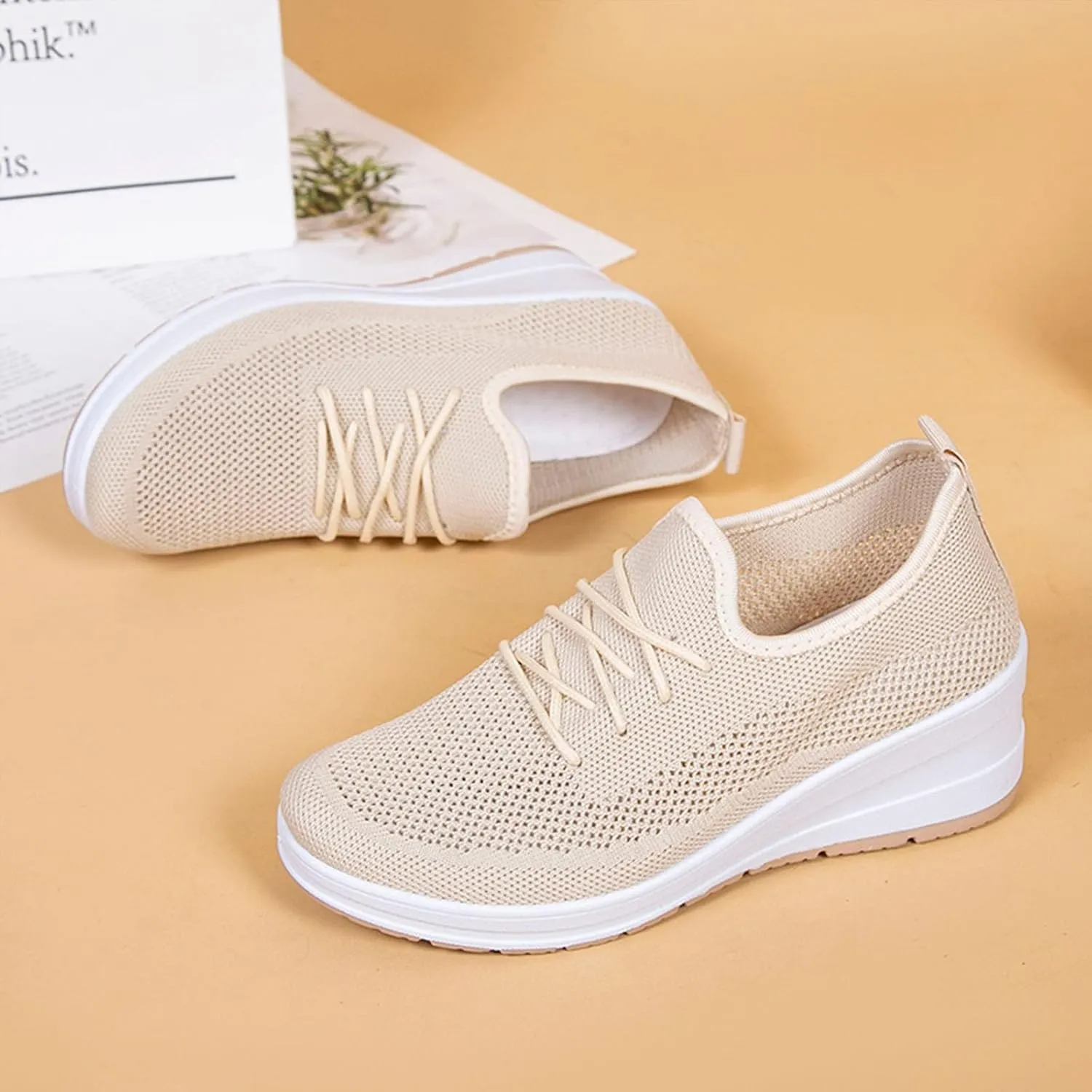 Womens Ultra-Light Stretchy Mesh Wedge Orthopedic Sneakers Comfor Lace Up Non Slip Hollow Out Increase Height Casual Walking Shoes for Outdoor Sport Travel Hiking