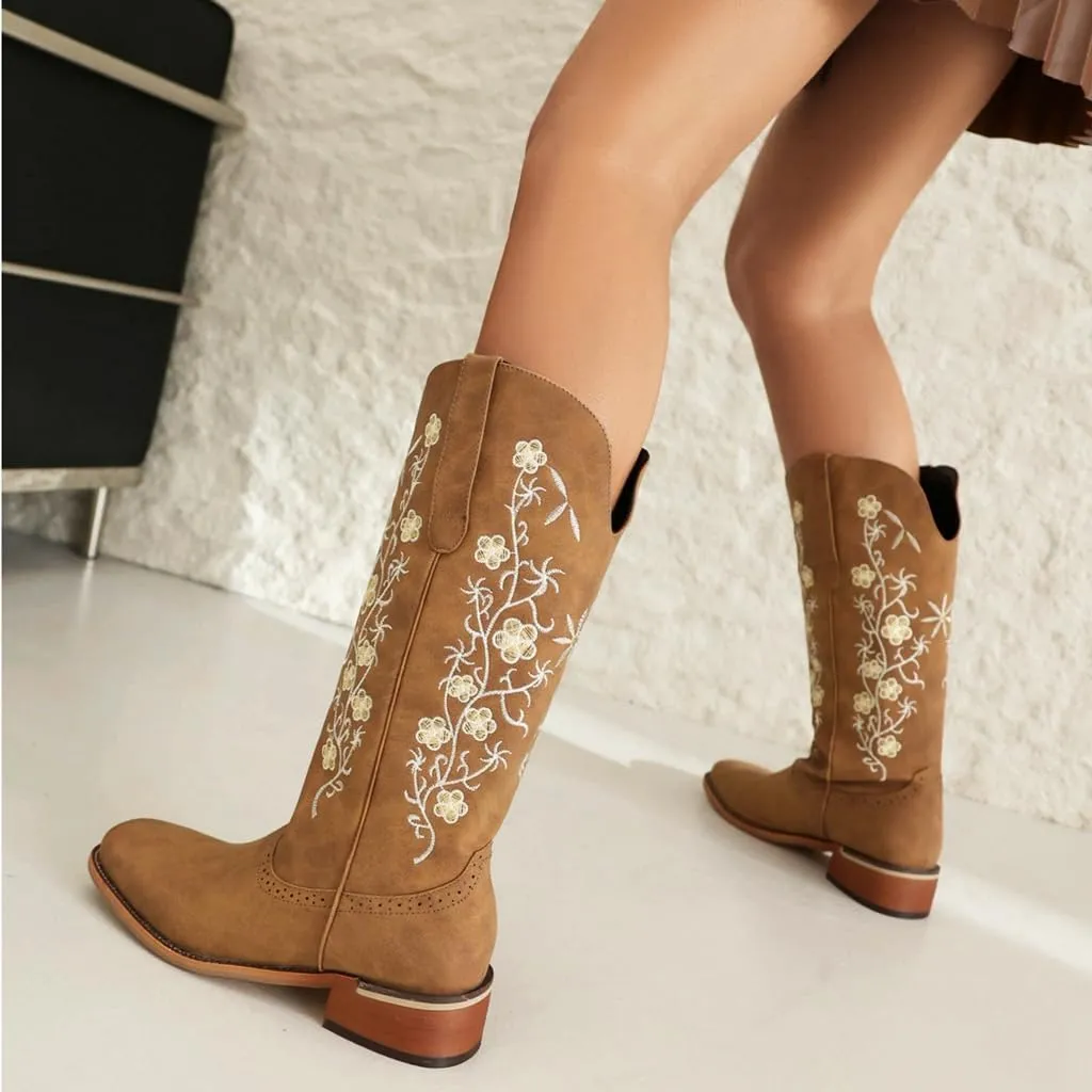 Women's Western Mid Calf Cowboy Boots Retro Embroidered Square Toe Low Heel Wide Calf Cowgirl Boots