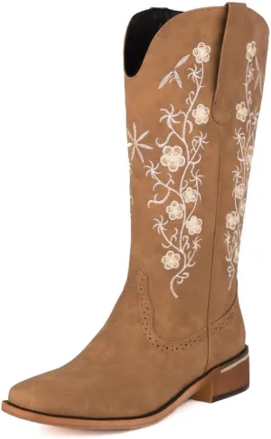Women's Western Mid Calf Cowboy Boots Retro Embroidered Square Toe Low Heel Wide Calf Cowgirl Boots