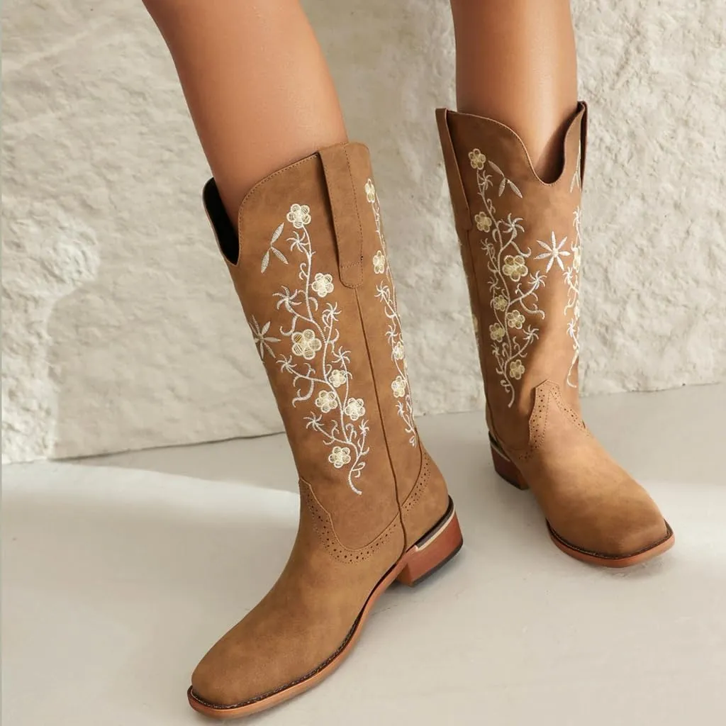 Women's Western Mid Calf Cowboy Boots Retro Embroidered Square Toe Low Heel Wide Calf Cowgirl Boots