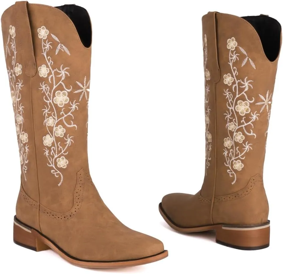 Women's Western Mid Calf Cowboy Boots Retro Embroidered Square Toe Low Heel Wide Calf Cowgirl Boots
