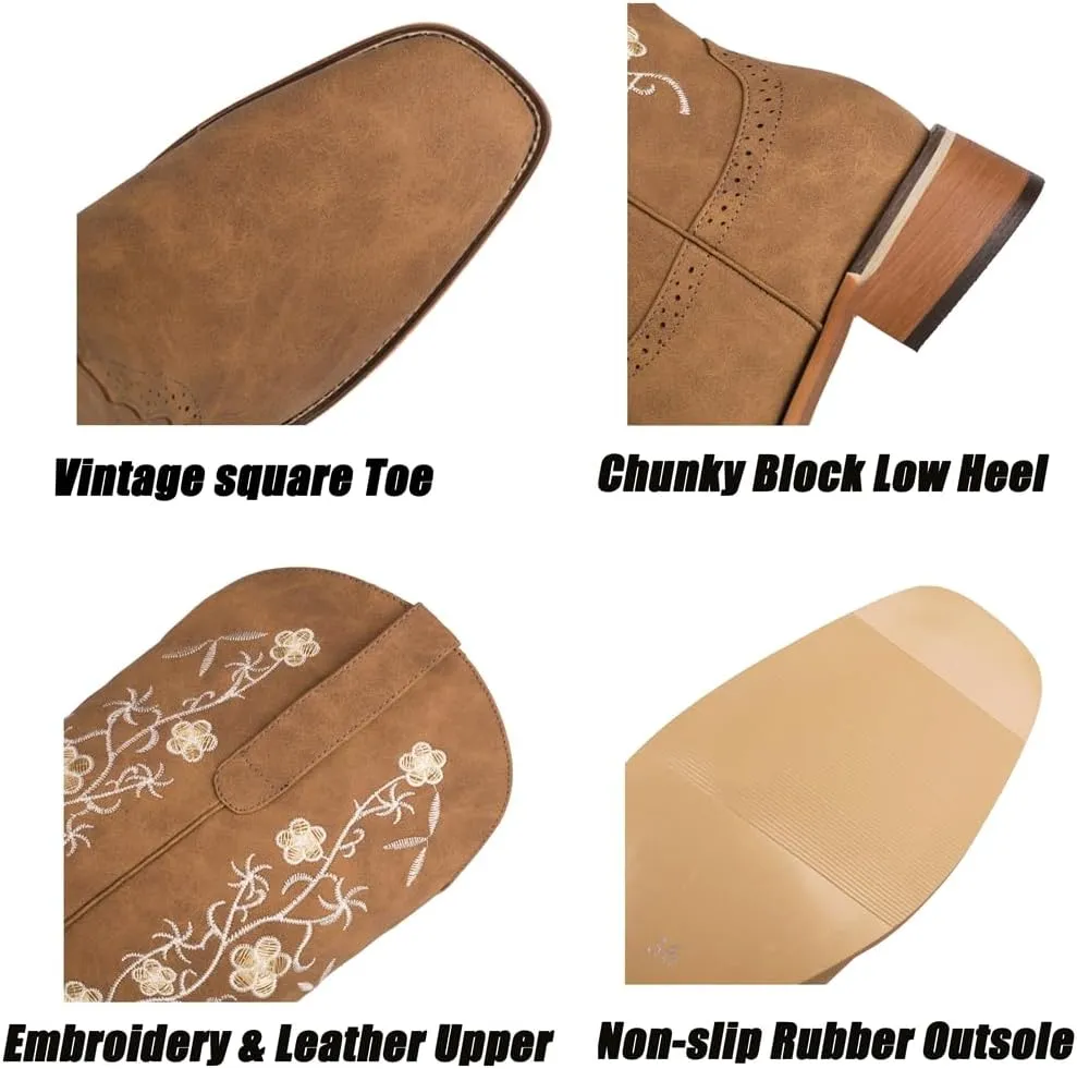 Women's Western Mid Calf Cowboy Boots Retro Embroidered Square Toe Low Heel Wide Calf Cowgirl Boots