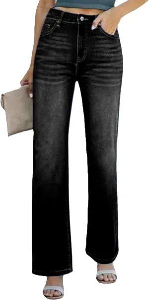 Womens Wide Leg Jeans High Waisted Straight Leg Stretchy Baggy Trendy Casual Denim Pants with Pockets