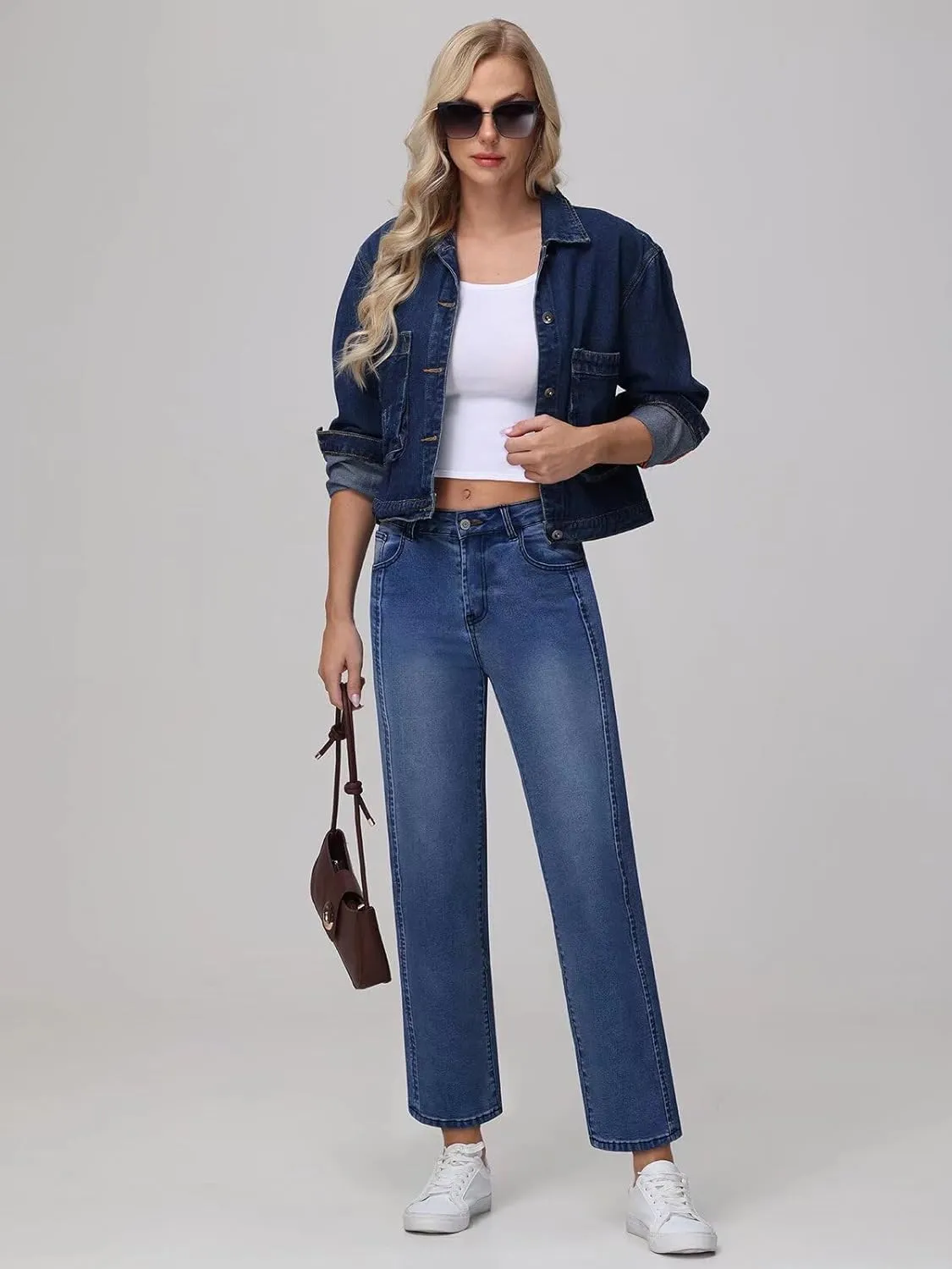 Womens Wide Leg Jeans High Waisted Stretchy Front Seams Ankle Length Straight Leg Jeans for Women