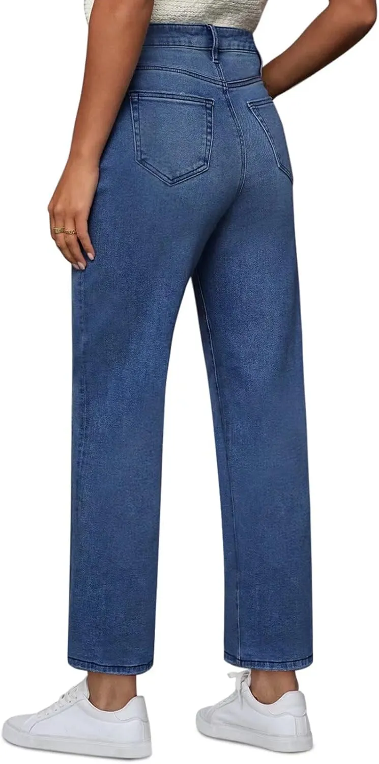 Womens Wide Leg Jeans High Waisted Stretchy Front Seams Ankle Length Straight Leg Jeans for Women