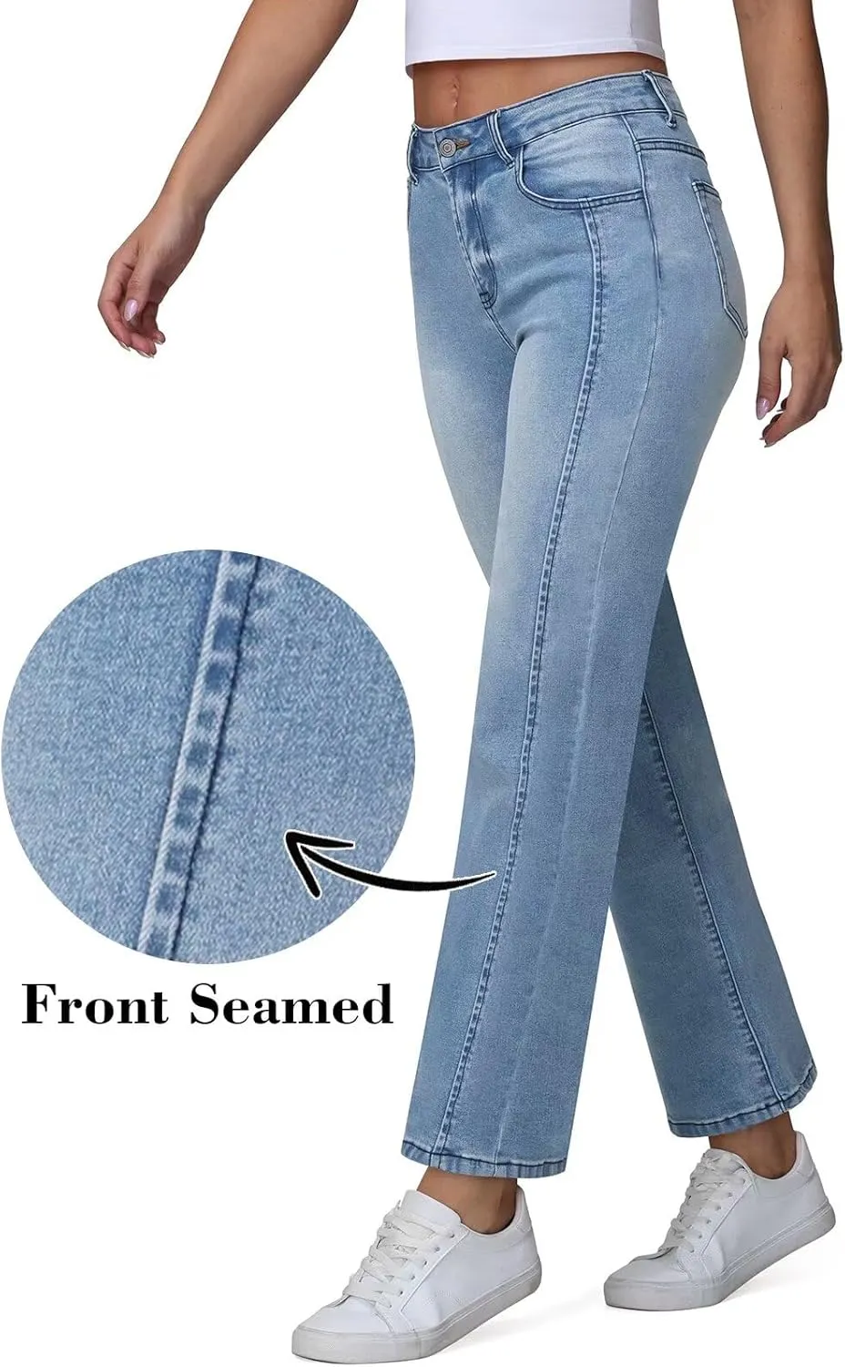 Womens Wide Leg Jeans High Waisted Stretchy Front Seams Ankle Length Straight Leg Jeans for Women