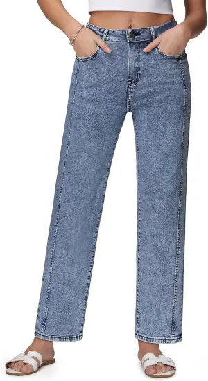 Womens Wide Leg Jeans High Waisted Stretchy Front Seams Ankle Length Straight Leg Jeans for Women