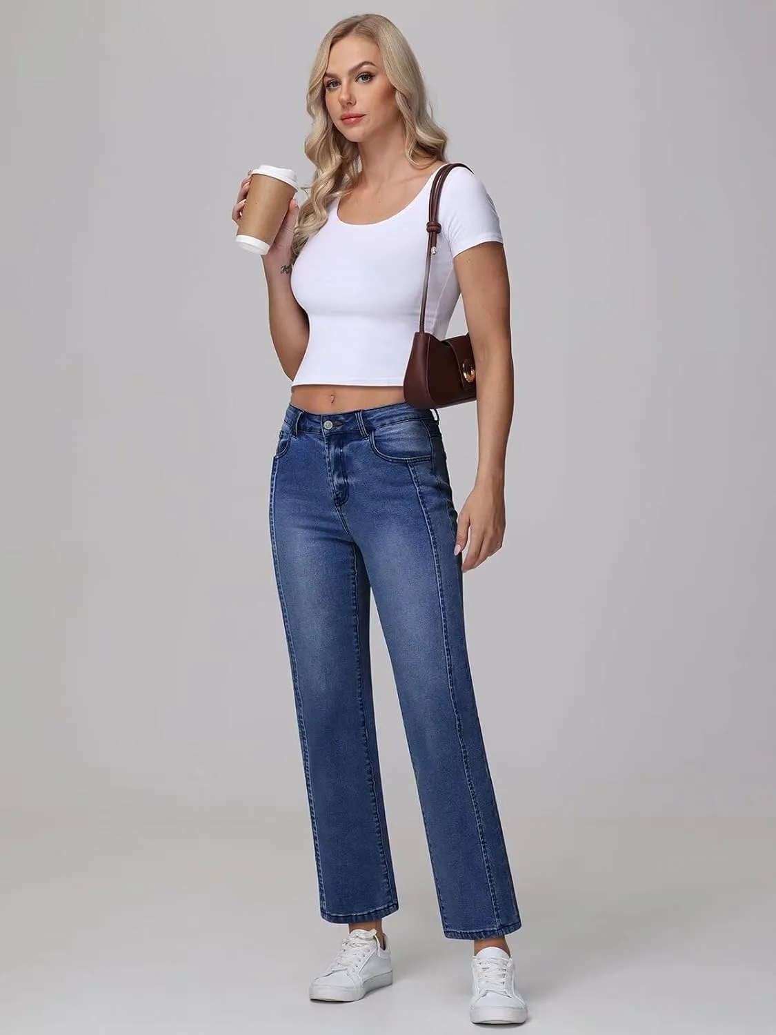 Womens Wide Leg Jeans High Waisted Stretchy Front Seams Ankle Length Straight Leg Jeans for Women