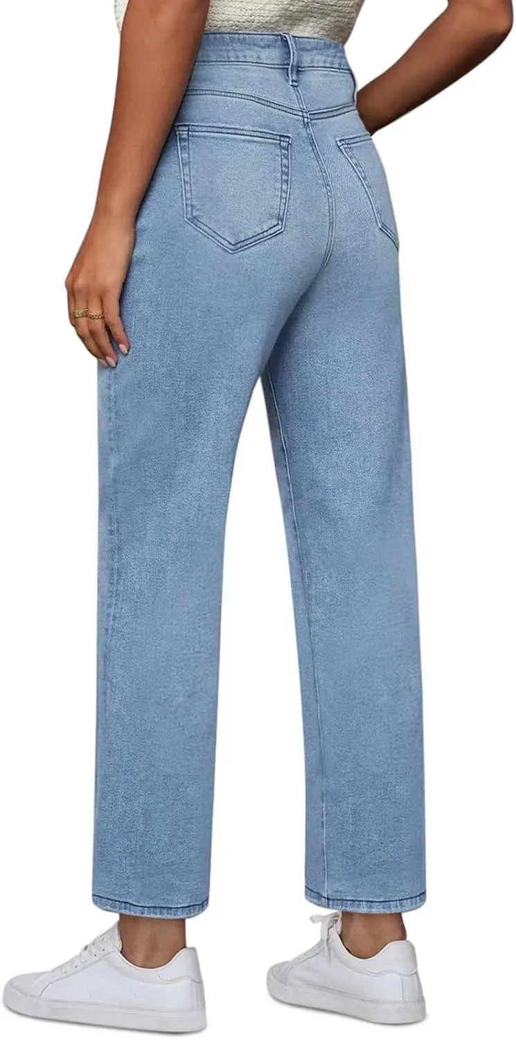 Womens Wide Leg Jeans High Waisted Stretchy Front Seams Ankle Length Straight Leg Jeans for Women