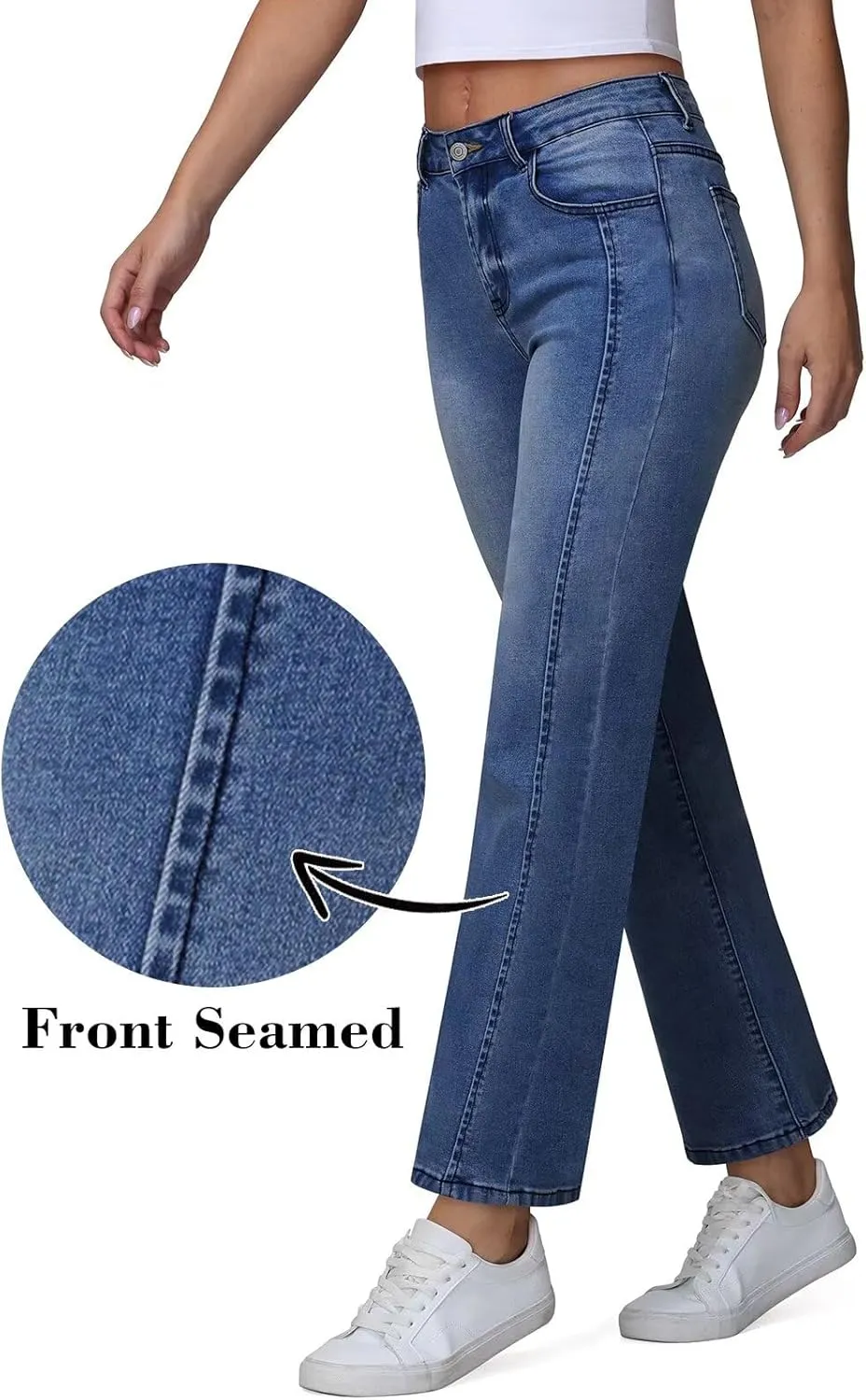Womens Wide Leg Jeans High Waisted Stretchy Front Seams Ankle Length Straight Leg Jeans for Women