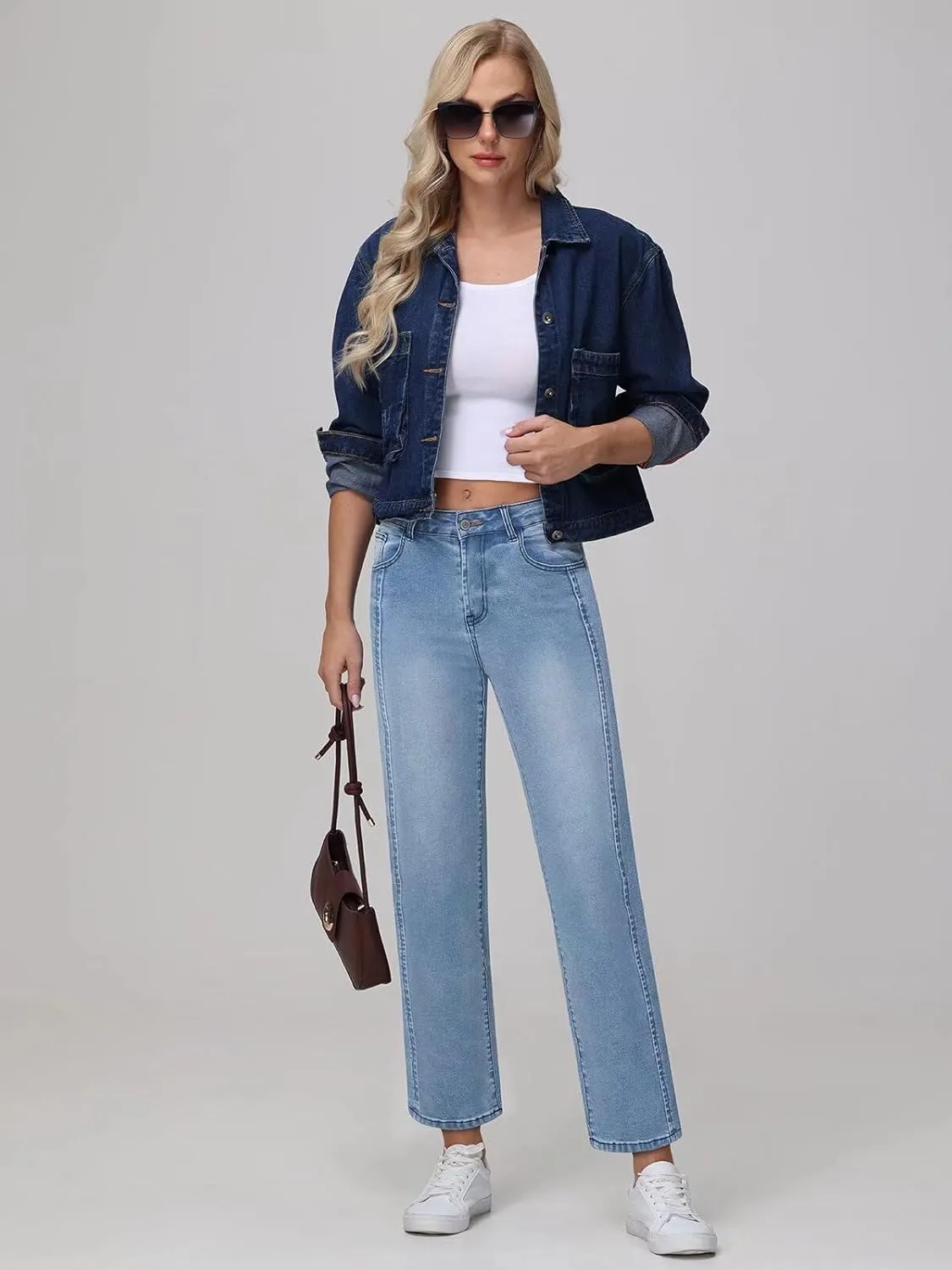 Womens Wide Leg Jeans High Waisted Stretchy Front Seams Ankle Length Straight Leg Jeans for Women